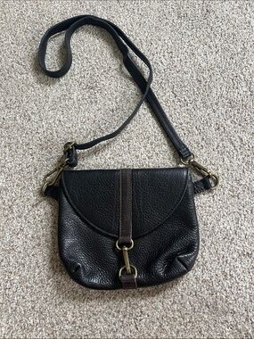 Vintage Italian Genuine Black Leather Crossbody Bag with Antique Brass Hardware